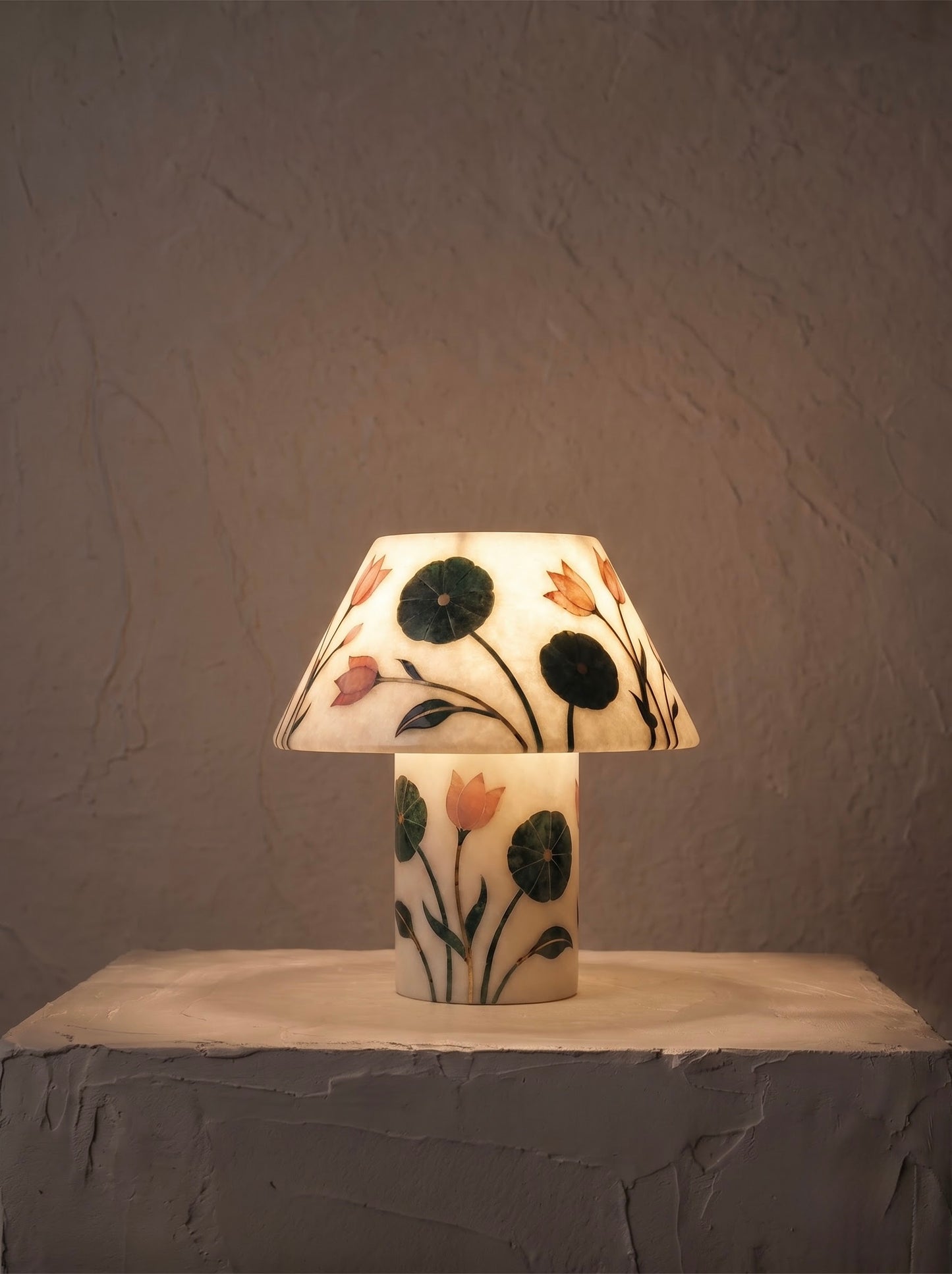 Pietra Dura Marble Table Lamp, Tulip & Lily Pad Inlay