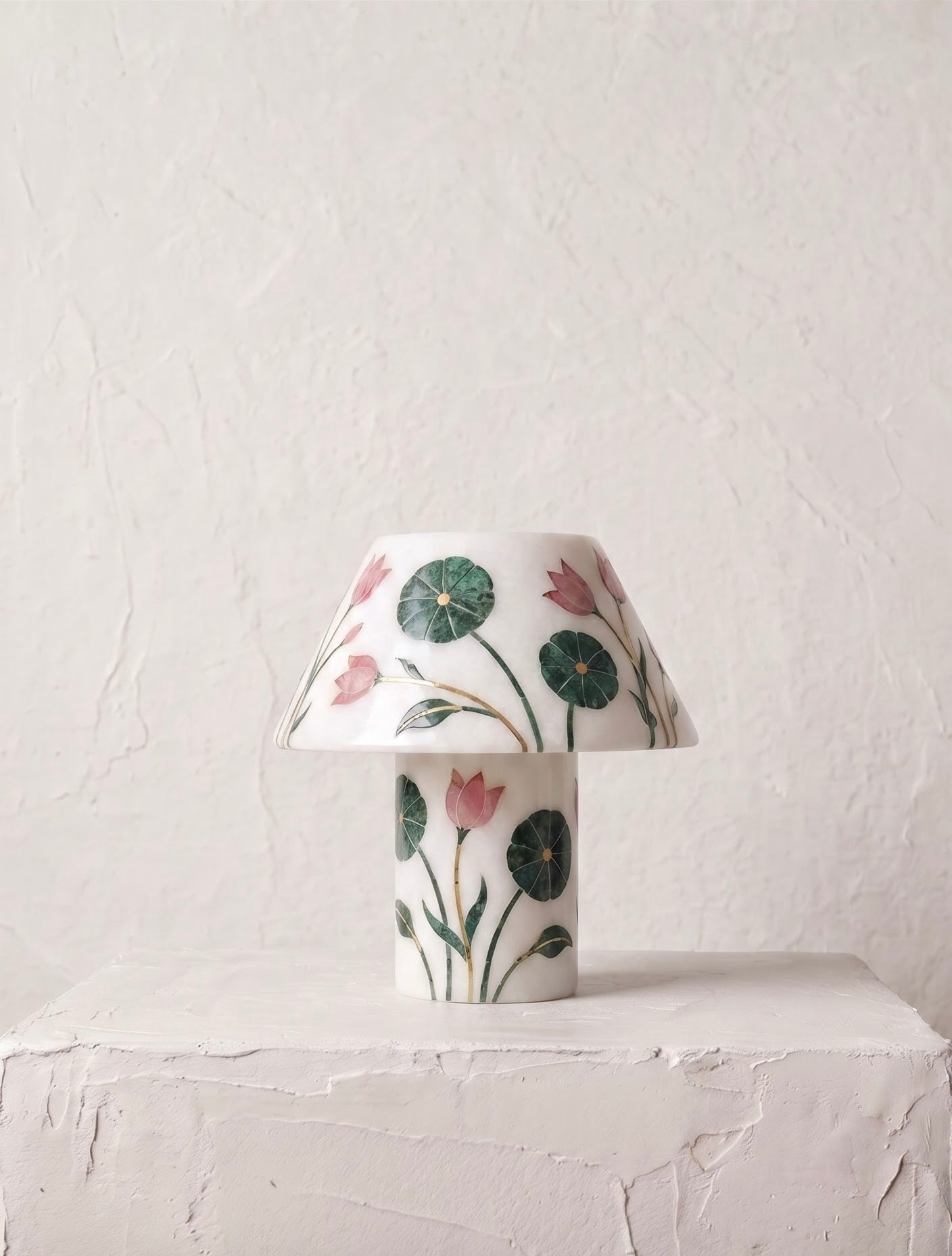 Pietra Dura Marble Table Lamp, Tulip & Lily Pad Inlay