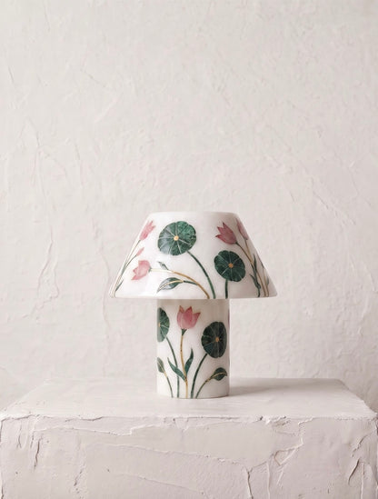 Pietra Dura Marble Table Lamp, Tulip & Lily Pad Inlay