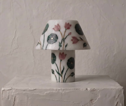 Pietra Dura Marble Table Lamp, Tulip & Lily Pad Inlay